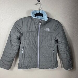 The North Face Reversible Jacket Girls Small 7/8 Gray Blue Fleece Full Zip